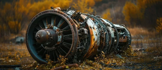 Fotobehang Oud vliegtuig Disassembled Soviet plane engine in graveyard.
