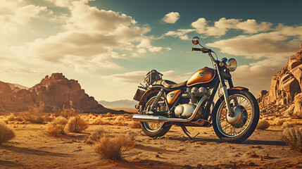 A photo-realistic image of a motorcycle in a desert landscape. - obrazy, fototapety, plakaty