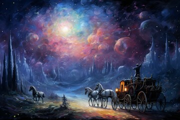 Whimsical starry night carriages, traversing the cosmos and granting wishes to dreamers - Generative AI - obrazy, fototapety, plakaty