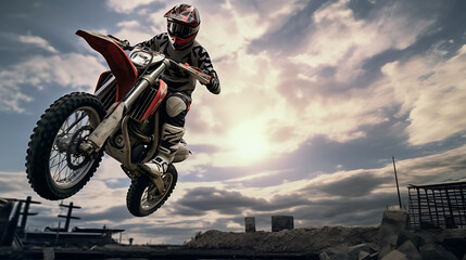 A photo-realistic image of a motorcycle jumping over a ramp. - obrazy, fototapety, plakaty