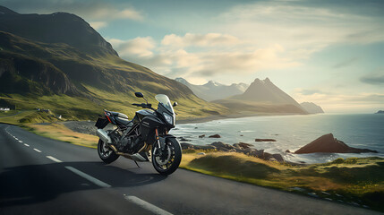 A photo-realistic image of a motorcycle on a scenic coastal road.