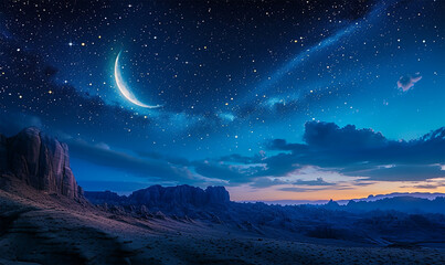 Moonlit Ramadan Night with Mountain Backdrop