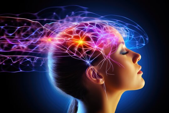 Human brain colorful smoke fire light bulb, color dust, Kaleidoscopic, short and long term memory, Vivid Motley Neon 3D Rendering, Creative mind processing stimuli, brain's neurons fire, deep learning