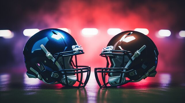 two American football helmets facing each other on football stadium with lights.