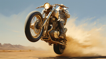 A photo-realistic image of a motorcycle wheelie.