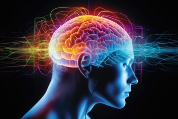 Human brain colorful smoke fire light bulb, color dust, Kaleidoscopic, short and long term memory, Vivid Motley Neon 3D Rendering, Creative mind processing stimuli, brain's neurons fire, deep learning