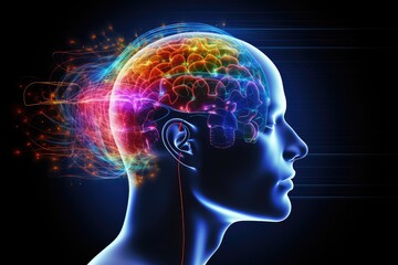 Obraz premium Human brain colorful smoke fire light bulb, color dust, Kaleidoscopic, short and long term memory, Vivid Motley Neon 3D Rendering, Creative mind processing stimuli, brain's neurons fire, deep learning