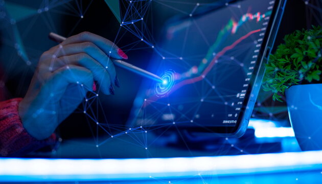 businesswoman working with new modern computer network sales structure as concept