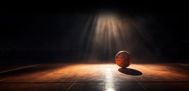 A basketball in the middle of the court with lights shining from above