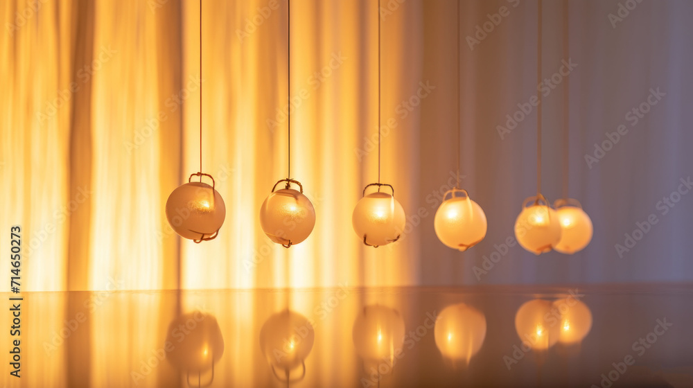 Poster a group of lights hanging from a ceiling next to a curtain with a curtain in the background and a cu