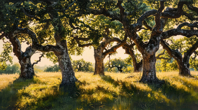  a painting of a group of trees in a grassy field with sunlight coming through the leaves on the trees and the grass in the foreground, and the sun shining on the ground.