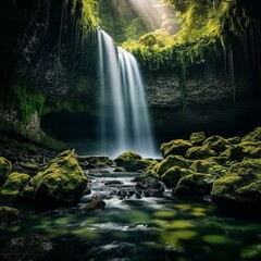 Majestic Waterfall and Moss-covered Rocks in a Forest
