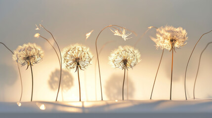  a group of dandelions blowing in the wind on a sunny day with the sun shining through the leaves and the shadow of the dandelions on the wall. - obrazy, fototapety, plakaty