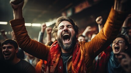 Crowd of sports fans cheering during a match in stadium - obrazy, fototapety, plakaty