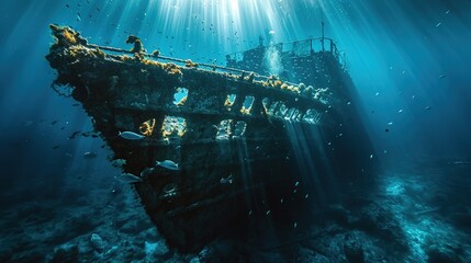 A hauntingly beautiful underwater shipwreck illuminated by dappled sunlight - obrazy, fototapety, plakaty