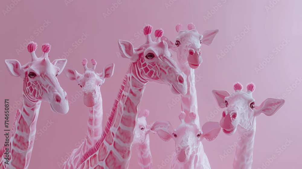 Poster a group of giraffes standing next to each other in front of a pink background with one giraffe looki