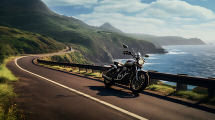 A photo-realistic image of a motorcycle on a scenic coastal road. - obrazy, fototapety, plakaty