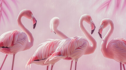  a group of pink flamingos standing next to each other in a pink room with palm leaves on the wall and behind them is a pink sky with white clouds.