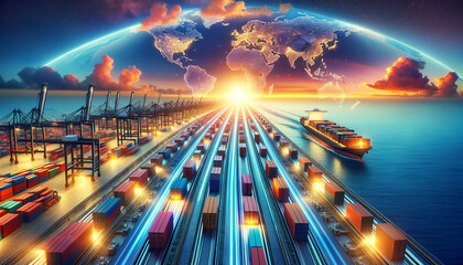A futuristic portrayal of global trade with a cargo ship at port and trains in motion, overlaid by a glowing world map.Logistics solutions in the future.AI generated.