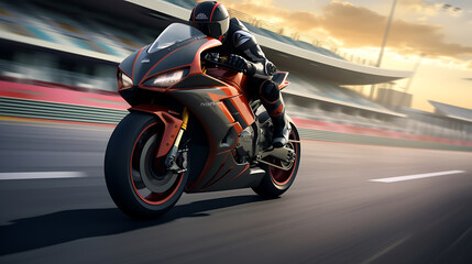 A photo-realistic image of a motorcycle on a race circuit.
