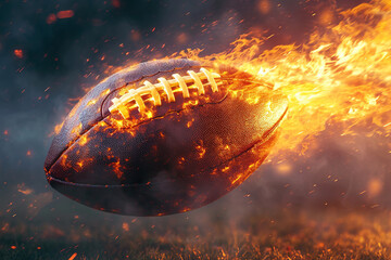 American football flying like a comet with trail of fire and smoke on night sky, black background
