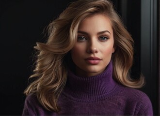 Naklejka premium A portrait of woman in violet sweater on black background from Generative AI