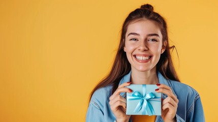 Close up young woman wears blue shirt beige t-shirt hold cover mouth with gift certificate coupon voucher card for store wink blink eye isolated on plain yellow background. People lifestyle concept - obrazy, fototapety, plakaty
