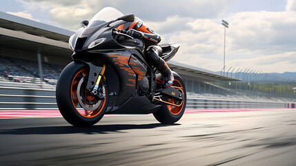 A photo-realistic image of a motorcycle on a race circuit. - obrazy, fototapety, plakaty