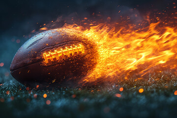 American football flying like a comet with trail of fire and smoke on night sky blue background
