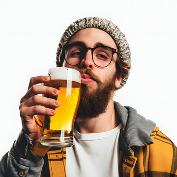 Man tasting craft beer at a brewery isolated on white background, minimalism, png
