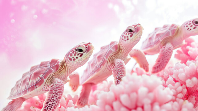  a group of three sea turtles floating on top of a pink and white flower filled ocean of pink and white cotton florets with a pink sky in the background.