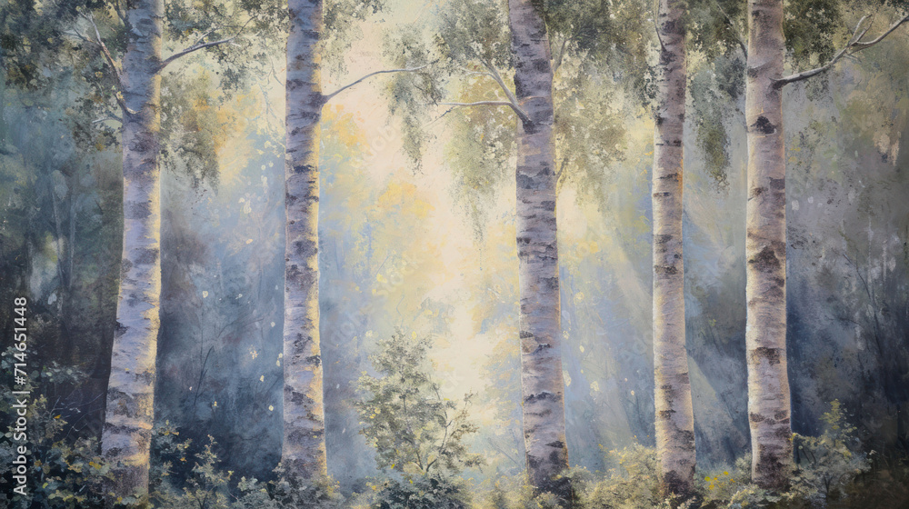 Poster a painting of a group of trees in a forest with the sun coming through the trees and the sun shining