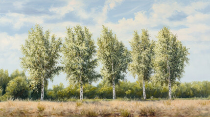 Obraz premium a painting of a row of trees in the middle of a field with grass and trees in the foreground, and a blue sky with clouds in the background.