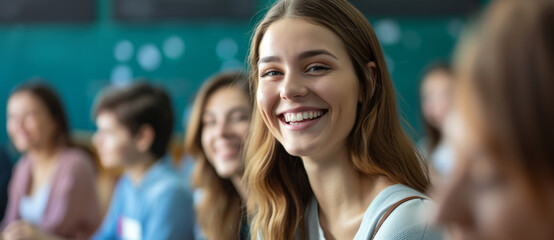 Fototapeta premium Radiant young student with a captivating smile among peers in a classroom setting, embodying joy in education