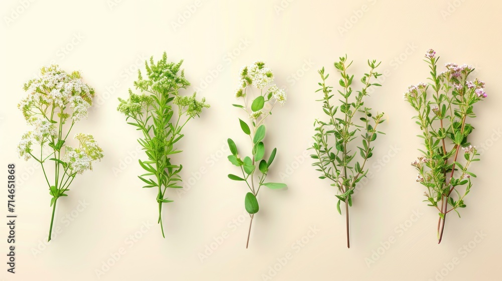 Poster a row of different types of flowers on a white background with green leaves and flowers in the middl