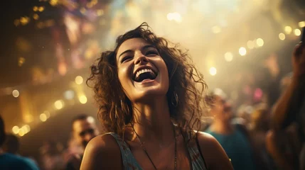 Fotobehang Happy young woman having fun while attending open air music concert at night. © Mas