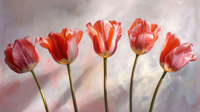  a painting of three red tulips in front of a white background with the word love written on the bottom of the tulips, and the tulips in the foreground.