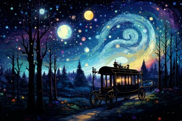 Fototapeta premium Whimsical starry night carriages, traversing the cosmos and granting wishes to dreamers - Generative AI