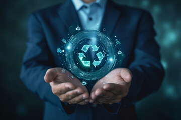A humane holding circular economy icon Circular economy concept for future business growth 