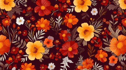 Obraz premium a bunch of flowers that are on top of a brown surface with red, yellow, and white flowers and leaves on the bottom of the flowers are red, and white, and orange.