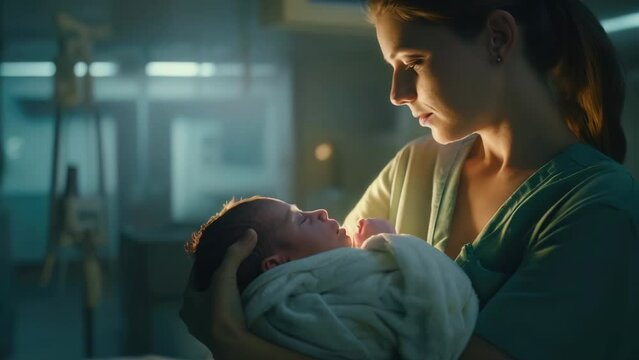 Loving mother hold cute newborn baby hospital ward. Mom carry sleeping toddler. Infant child on hands. Mum hug little 2 months old daughter. Happy childhood concept. Mommy look nice son. Parents love.