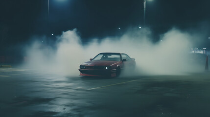 A video of a car drifting in a closed parking lot. - obrazy, fototapety, plakaty