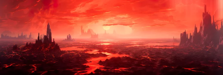  landscape where a series of floating islands are bathed in the surreal glow of a crimson-colored sky. © Maximusdn