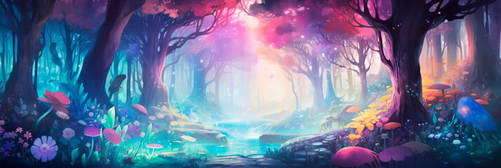 Whimsical, enchanted forest with vibrant, dreamy colors.