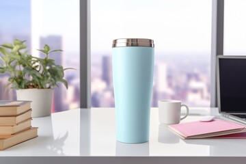 Closeup of a pastel blue color 30oz extra tall tumblers product mockup at the office 