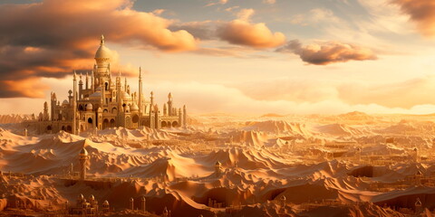 desert landscape where a golden mirage creates illusions of distant cities and palaces
