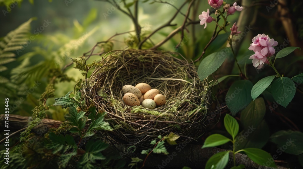 Aufkleber a bird's nest with three eggs in the middle of a tree branch with pink flowers in the foreground and