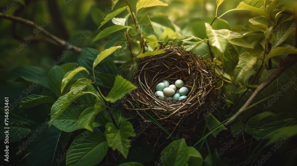 Poster a bird's nest with three eggs sitting on top of it in the middle of a green leafy area with a few le