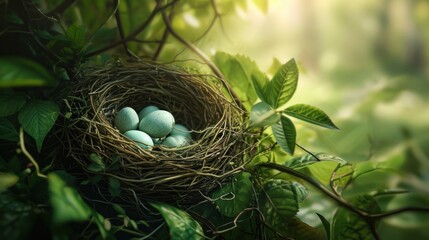  a bird's nest with three eggs in the middle of a green leafy tree branch with sunlight shining through the leaves on the top of the top of the bird's nest. - obrazy, fototapety, plakaty