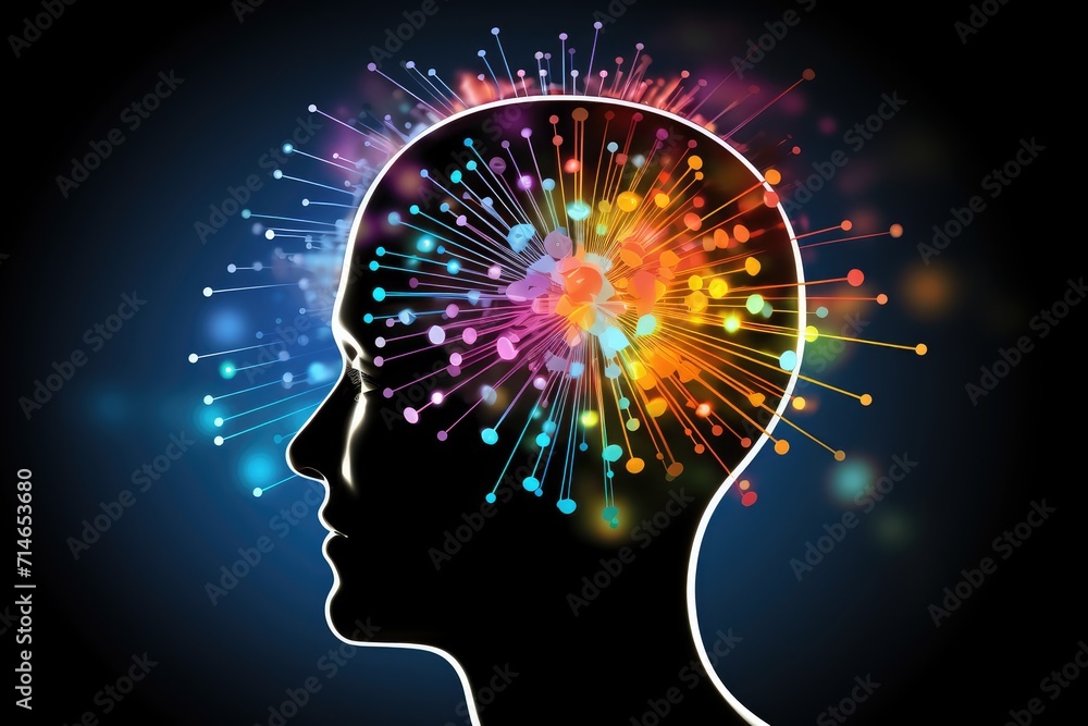 Poster nebula neural colorful brain cell energy connections, brain dots pattern neuronal network, vibrant d